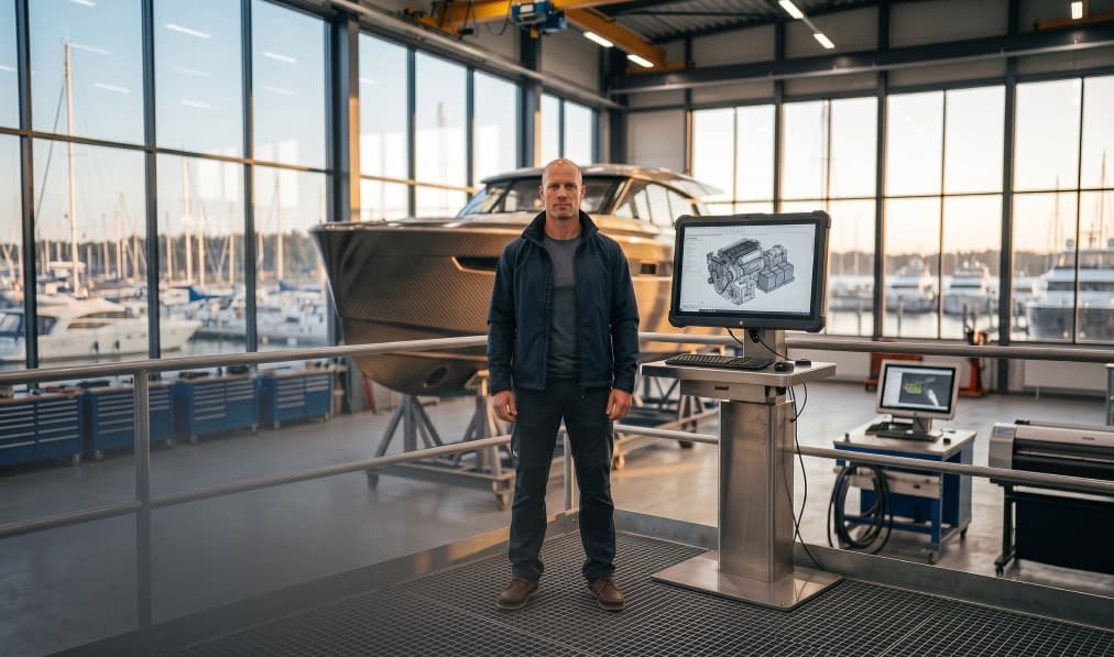 Marine tech manufacturer standing in a boat workshop beside technical equipment