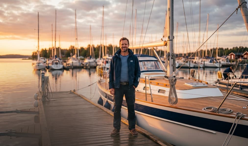 Private yacht owner standing beside a yacht in a marina