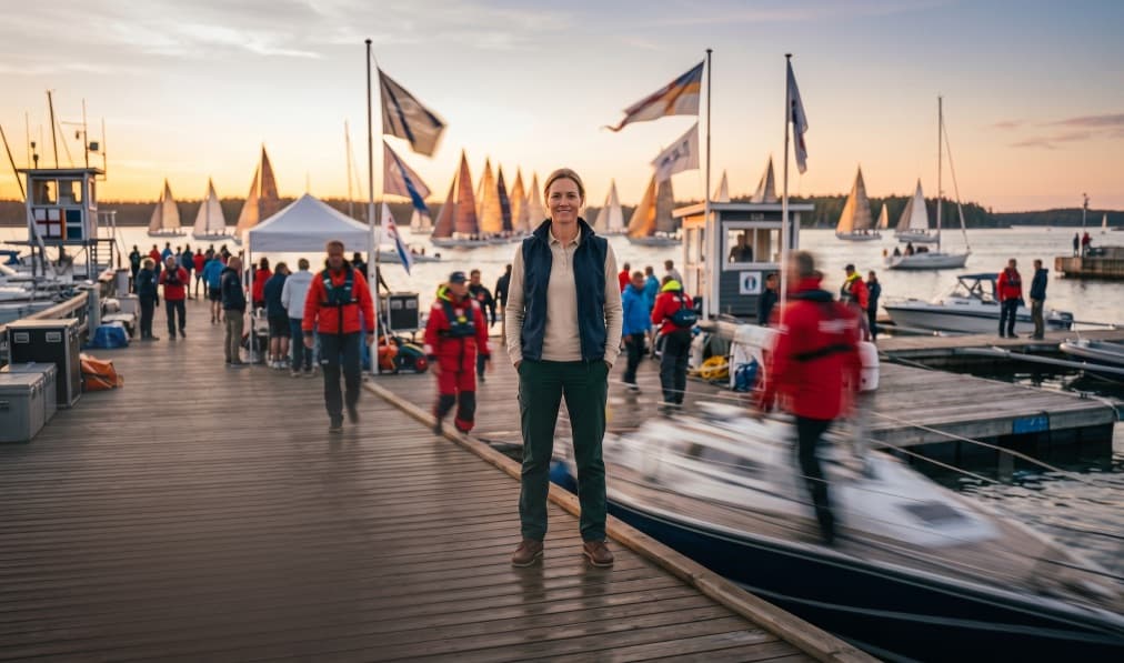 Regatta organizer standing on a busy marina dock at sunset