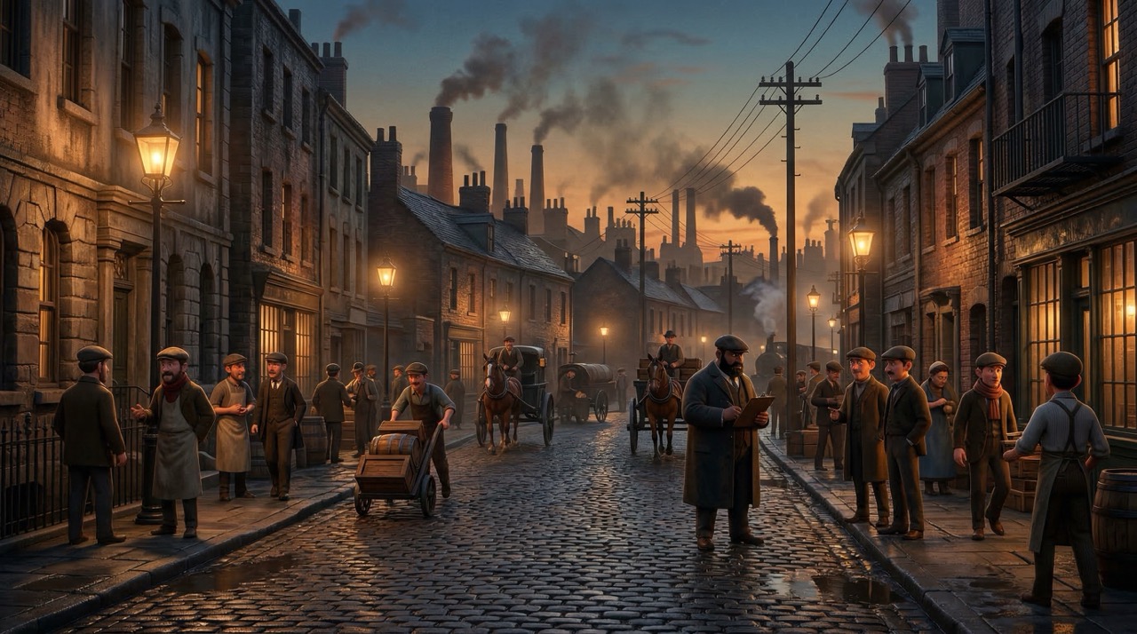 Late-1800s industrial city street — the world where early job training was ad hoc, not yet a science