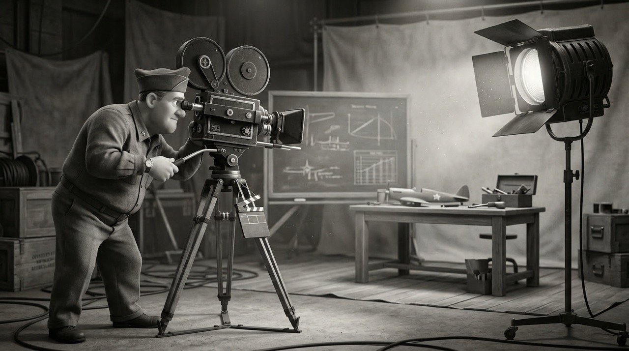 Wartime instructional film production — crew capturing training on film