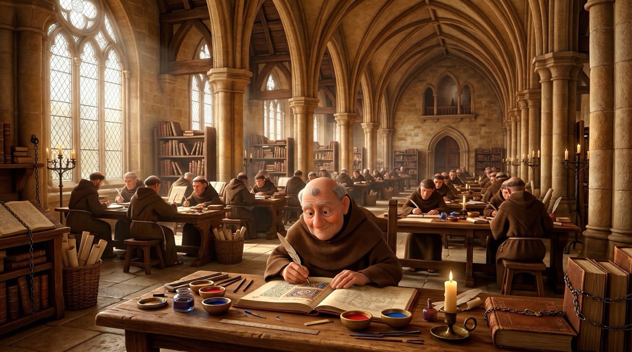 Monastic scriptorium — monks copying and guarding texts by hand, knowledge concentrated in religious houses