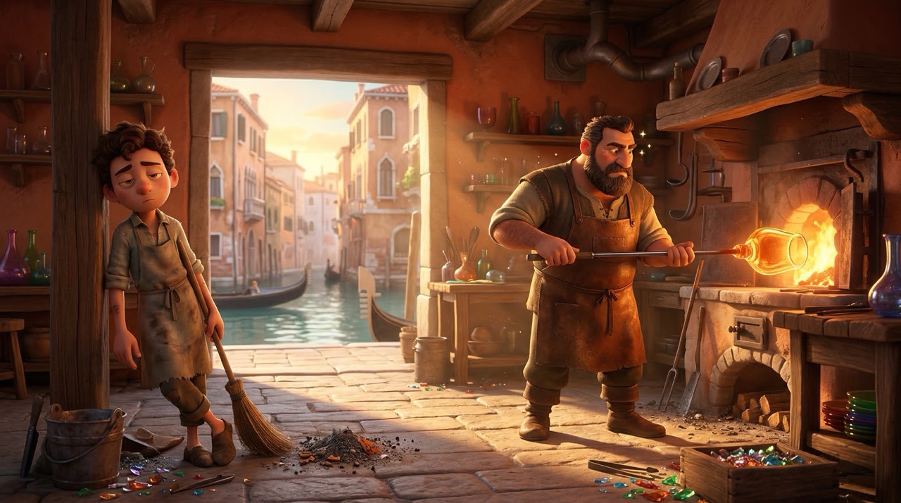Master glassblower and apprentice in a 14th-century Venetian workshop — learning by watching and proximity, not manuals
